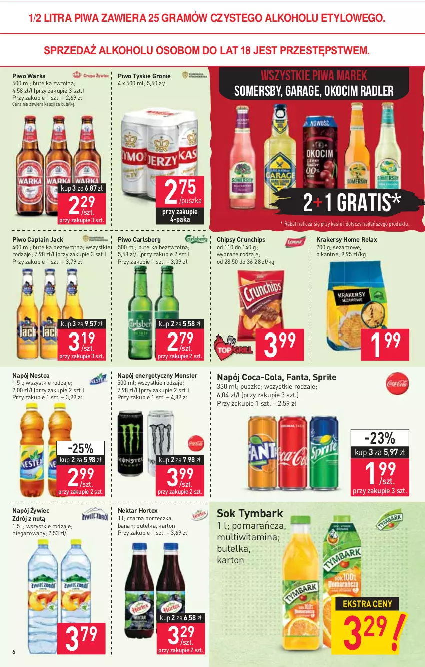 Gazetka promocyjna Stokrotka - Market - ważna 29.04 do 05.05.2021 - strona 6 - produkty: Captain Jack, Carlsberg, Chipsy, Coca-Cola, Crunchips, Fa, Fanta, Gra, Hortex, Koc, Krakersy, Napój, Napój energetyczny, Nektar, Nestea, Okocim, Piwa, Piwo, Por, Radler, Sezam, Sok, Somersby, Sprite, Tymbark, Tyskie, Warka