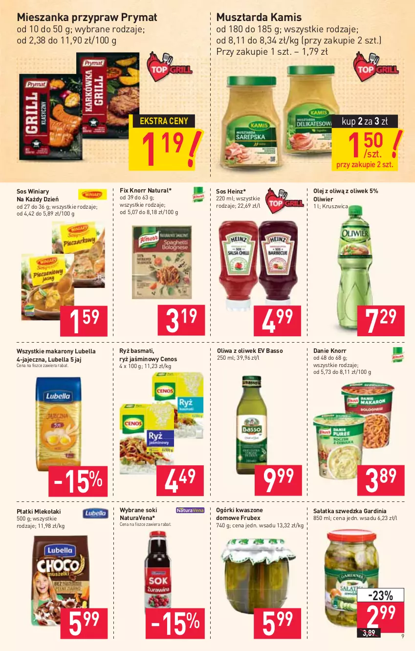 Gazetka promocyjna Stokrotka - Market - ważna 29.04 do 05.05.2021 - strona 9 - produkty: Bell, Bella, Cenos, Heinz, Kamis, Knorr, Lubella, Makaron, Mleko, Mus, Musztarda, Olej, Oliwa z oliwek, Prymat, Ryż, Ryż basmati, Sałat, Sałatka, Sok, Sos, Winiary