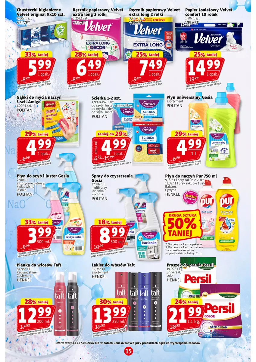 Gazetka promocyjna Prim Market - ważna 11.06 do 17.06.2026 - strona 15 - produkty: Chusteczki, Do mycia naczyń, Gin, Kuchnia, Lakier, Lakier do włosów, Papier, Papier toaletowy, Pianka do włosów, Płyn do szyb, Por, Pur, Ręcznik, Rolki, Rum, Spray do czyszczenia, Taft, Velvet