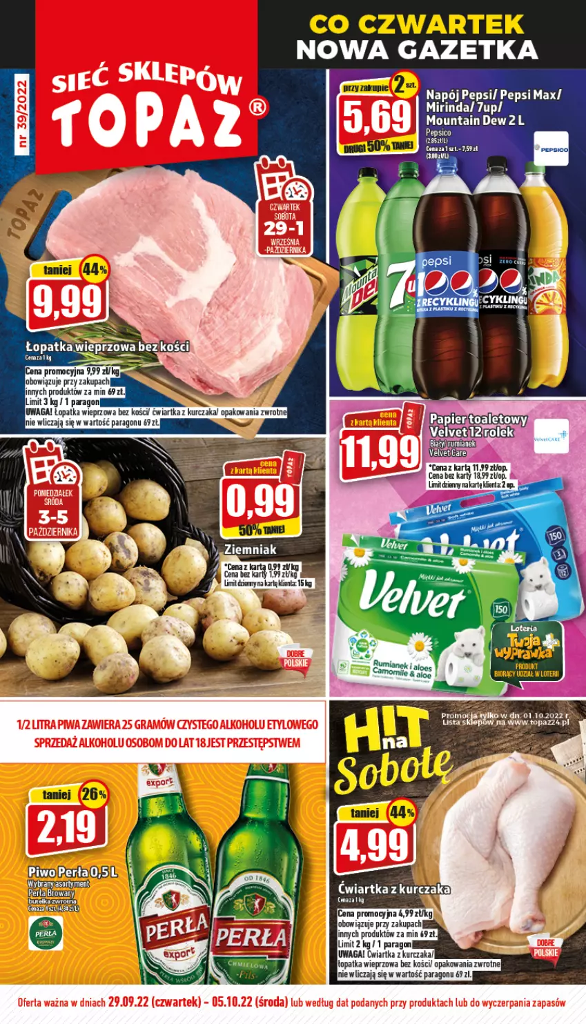 Gazetka promocyjna Topaz - Gazetka - ważna 29.09 do 05.10.2022 - strona 1 - produkty: 7up, Kurczak, Mirinda, Napój, Papier, Papier toaletowy, Pepsi, Pepsi max, Velvet, Waga