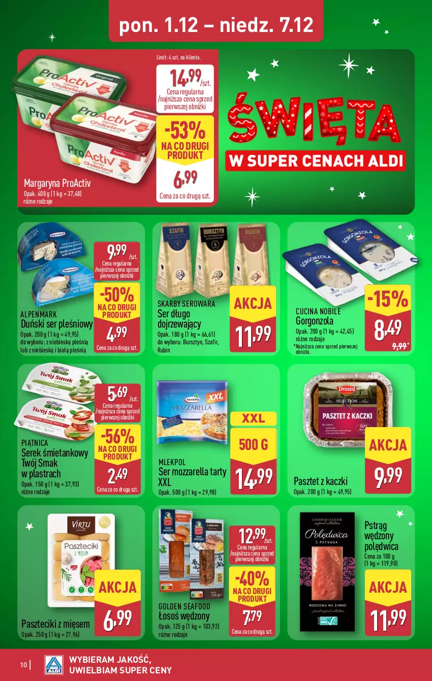 Gazetka promocyjna Aldi - Pełna oferta - ważna 01.12 do 07.12.2025 - strona 10 - produkty: Bursztyn, Golden Seafood, Gorgonzola, Margaryna, Mozzarella, Pasztet, Piątnica, Polędwica, Pstrąg, Pstrąg wędzony, Rubin, Ser, Ser pleśniowy, Serek, Twój Smak
