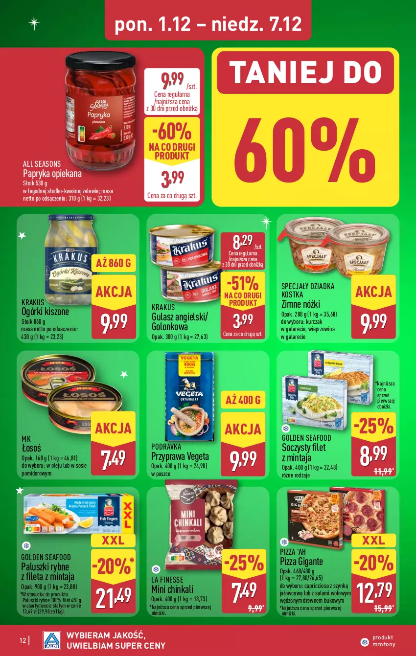 Gazetka promocyjna Aldi - Pełna oferta - ważna 01.12 do 07.12.2025 - strona 12 - produkty: All Seasons, Filet z mintaja, Gala, Golden Seafood, Inka, Krakus, Kurczak, Mintaj, Olej, Paluszki rybne, Papryka, Pizza, Podravka, Salami, Sos, Vegeta, Wieprzowina