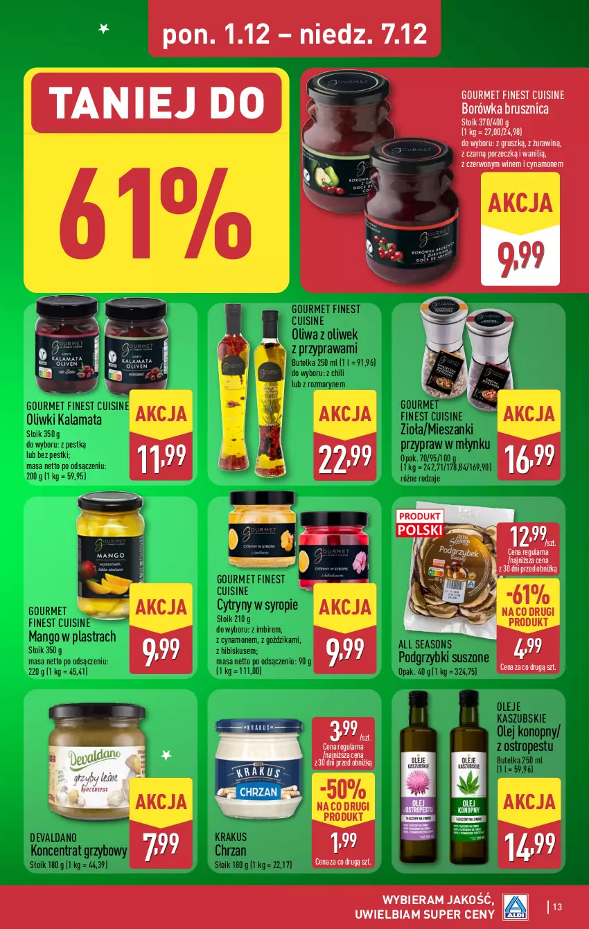 Gazetka promocyjna Aldi - Pełna oferta - ważna 01.12 do 07.12.2025 - strona 13 - produkty: All Seasons, Borówka, Borówka brusznica, Chrzan, Cytryny, Hibiskus, Imbir, Krakus, Mango, Olej, Oliwa, Oliwa z oliwek, Oliwki, Ostropes, Podgrzybki, Por, Syrop