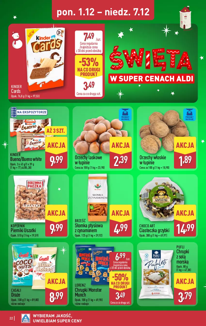 Gazetka promocyjna Aldi - Pełna oferta - ważna 01.12 do 07.12.2025 - strona 22 - produkty: Chrupki, Kinder, Kinder Bueno, Lorenz, Monster Munch, Orzechy włoskie, Piernik, Puf