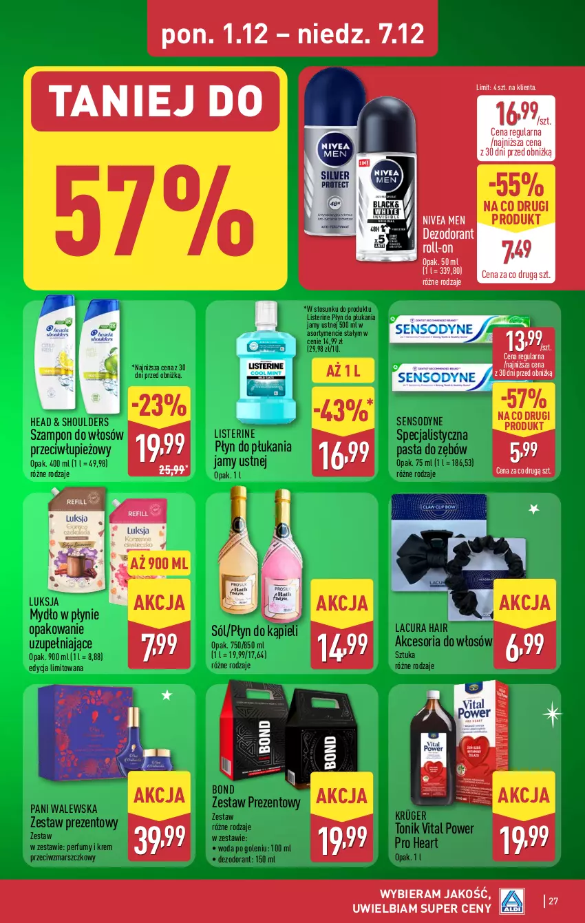 Gazetka promocyjna Aldi - Pełna oferta - ważna 01.12 do 07.12.2025 - strona 27 - produkty: Dezodorant, Krem przeciwzmarszczkowy, Listerine, Luksja, Mars, Mydło, Mydło w płynie, Nivea, Nivea Men, Pasta do zębów, Perfum, Płyn do kąpieli, Płyn do płukania, Płyn do płukania jamy ustnej, Sensodyne, Sól, Szampon, Tonik, Woda, Woda po goleniu, Zestaw prezentowy