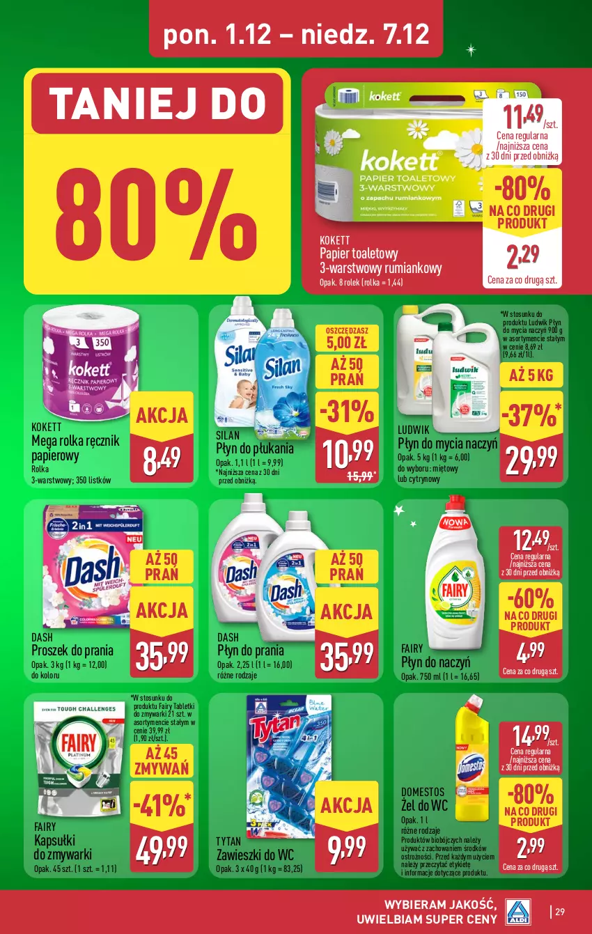 Gazetka promocyjna Aldi - Pełna oferta - ważna 01.12 do 07.12.2025 - strona 29 - produkty: Do mycia naczyń, Domestos, Fa, Fairy, Ludwik, Papier, Papier toaletowy, Płyn do mycia, Płyn do mycia naczyń, Płyn do płukania, Płyn do prania, Proszek do prania, Ręcznik, Rum, Silan, Tablet, Tabletki do zmywarki, Tytan, Zawieszki, Zmywarki