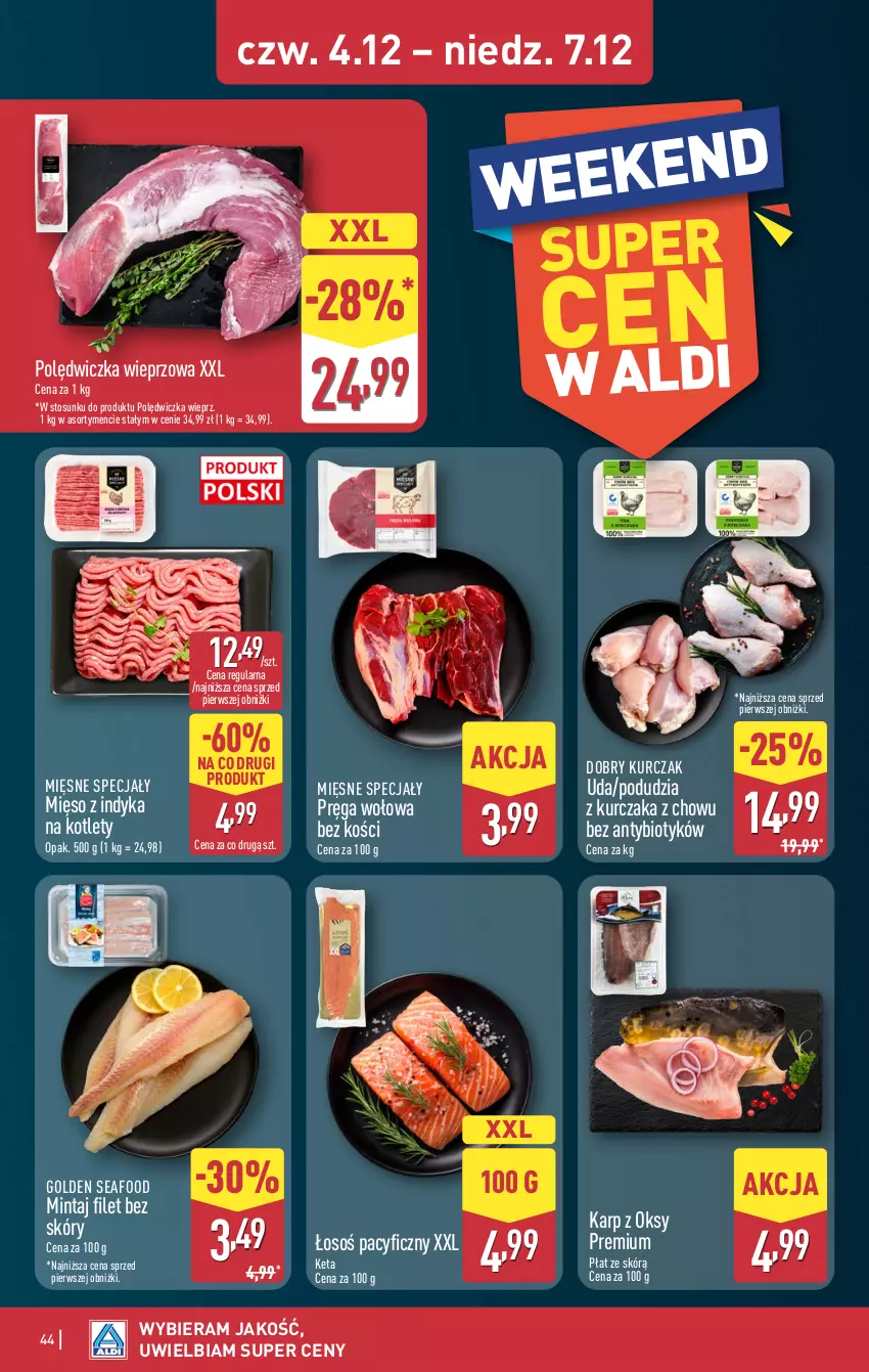 Gazetka promocyjna Aldi - Pełna oferta - ważna 01.12 do 07.12.2025 - strona 44 - produkty: Golden Seafood, Karp, Kotlet, Kurczak, Mięsne specjały, Mięso, Mięso z indyka, Mintaj, Polędwiczka wieprzowa, Pręga wołowa