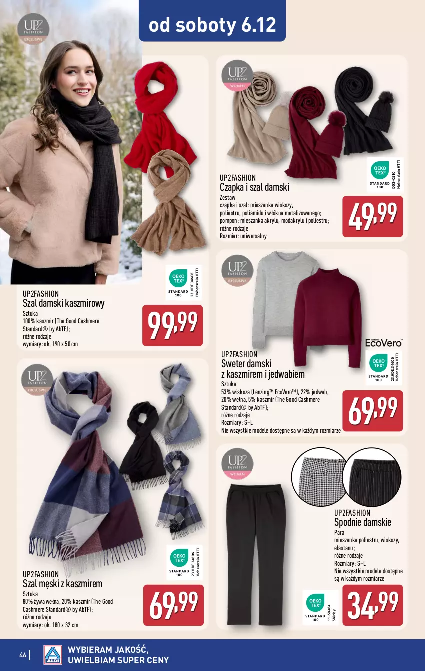 Gazetka promocyjna Aldi - Pełna oferta - ważna 01.12 do 07.12.2025 - strona 46 - produkty: Czapka, Fa, Moda, Spodnie, Sweter, Szal, Wełna