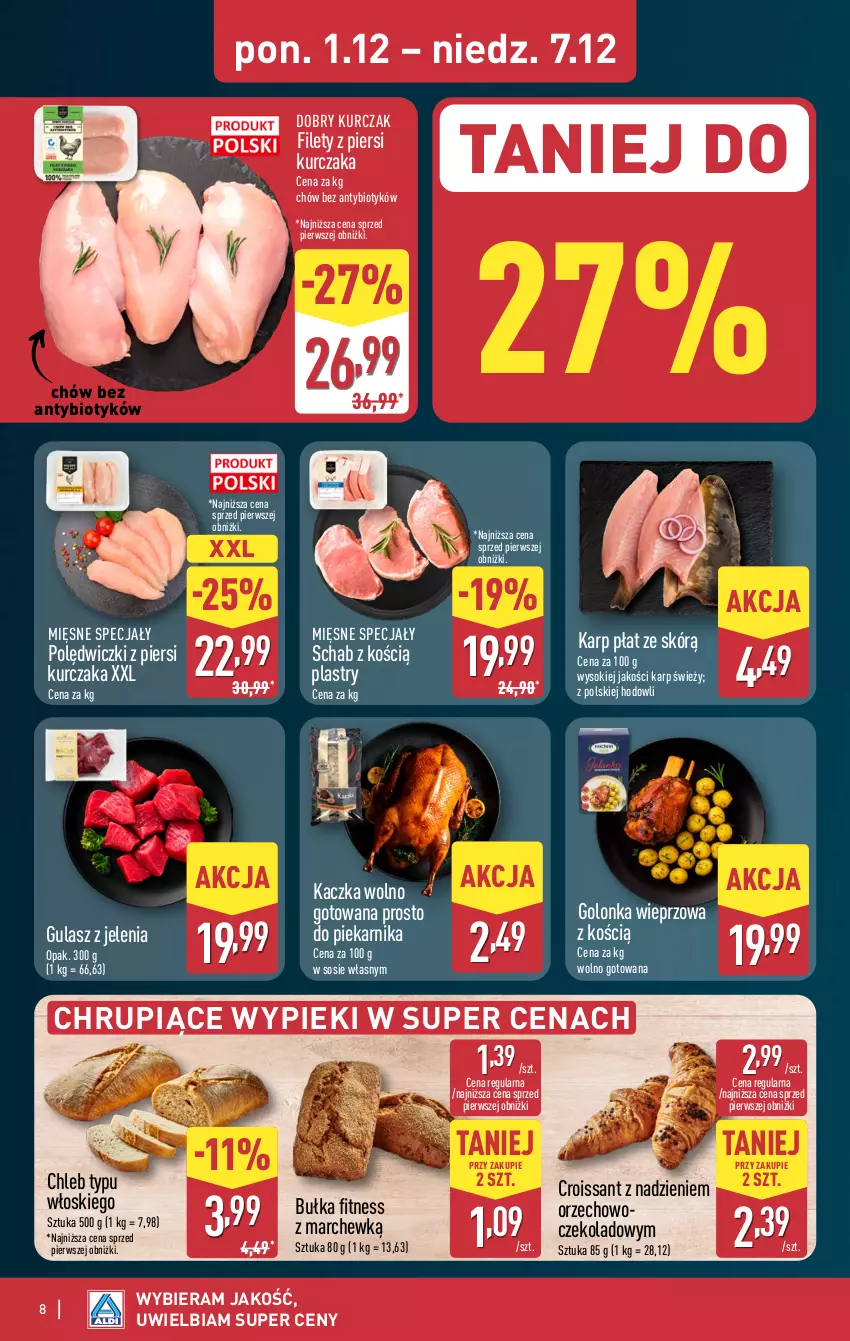 Gazetka promocyjna Aldi - Pełna oferta - ważna 01.12 do 07.12.2025 - strona 8 - produkty: Bułka, Bułka fitness, Chleb, Chleb typu włoskiego, Croissant, Golonka wieprzowa, Kaczka, Karp, Kurczak, Mięsne specjały, Piekarnik, Sok, Sos