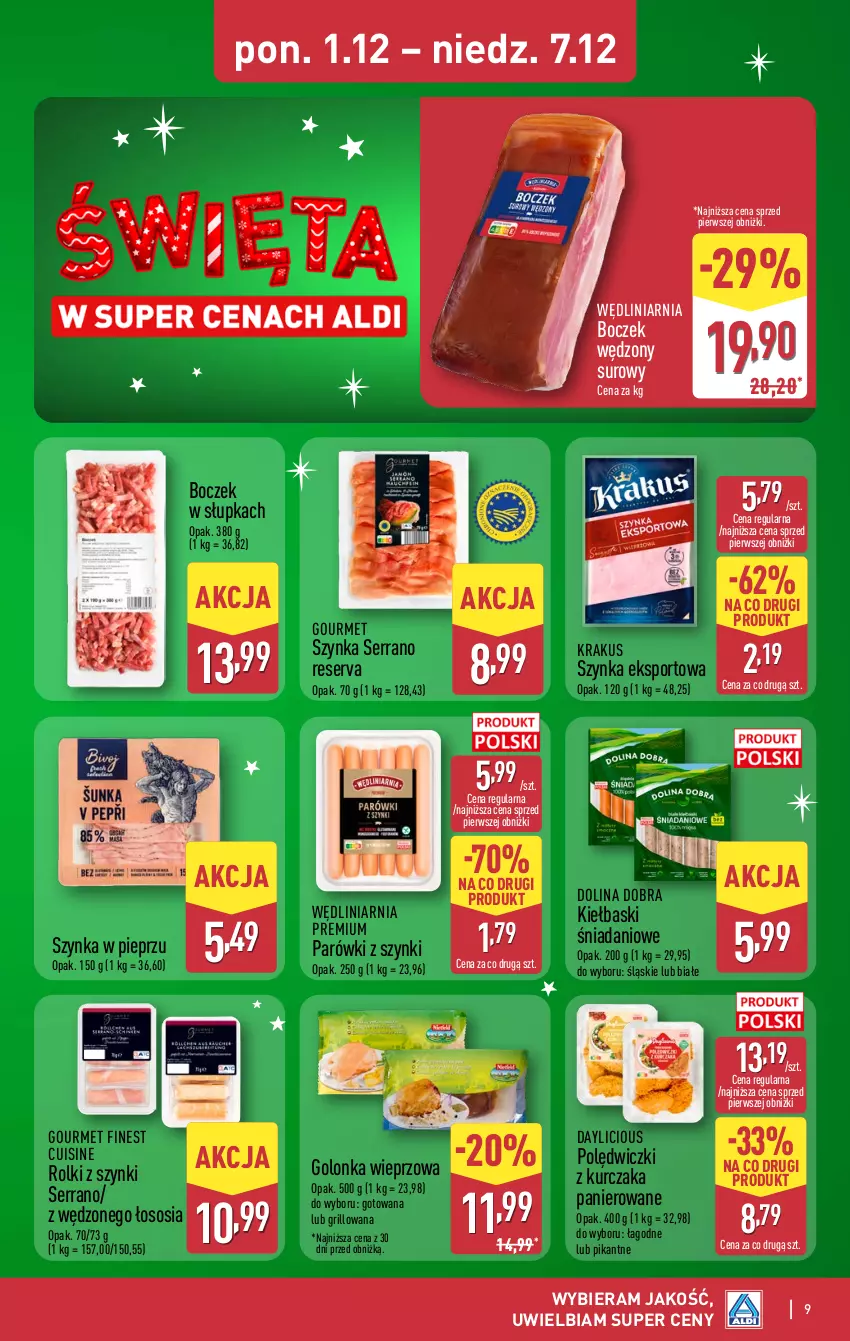 Gazetka promocyjna Aldi - Pełna oferta - ważna 01.12 do 07.12.2025 - strona 9 - produkty: Boczek, Danio, Golonka wieprzowa, Grill, Krakus, Kurczak, Parówki, Parówki z szynki, Pieprz, Polędwiczki z kurczaka, Por, Rolki, Ser, Sos, Sport, Szynka