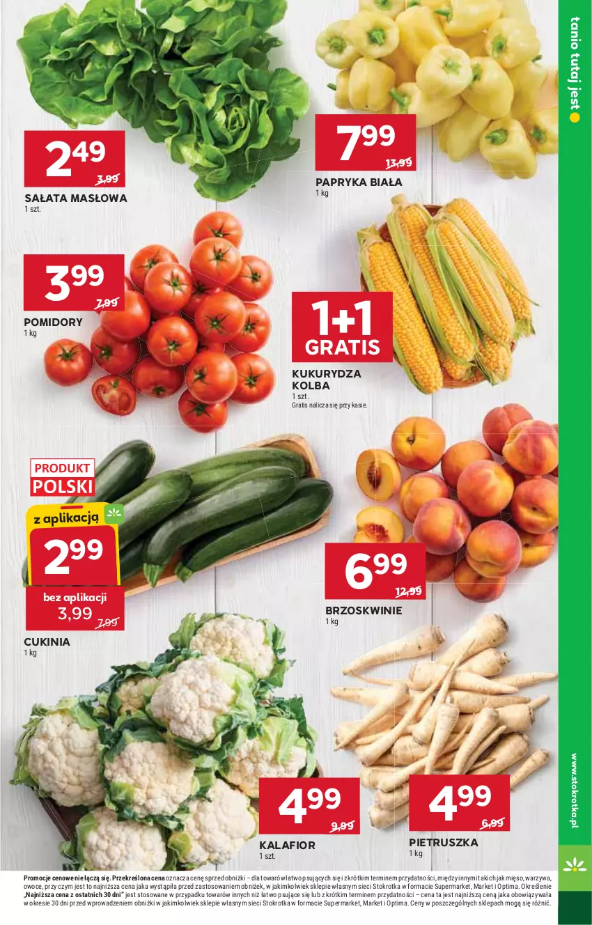 Gazetka promocyjna Stokrotka - Market - ważna 23.07 do 29.07.2026 - strona 15 - produkty: Brzoskwinie, Gra, Kalafior, Kukurydza, Masło, Mięso, Optima, Owoce, Papryka, Papryka biała, Pietruszka, Pomidory, Sałat, Sałata masłowa, Warzywa