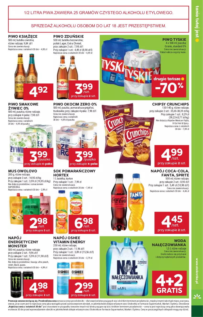 Gazetka promocyjna Stokrotka - Market - ważna 23.07 do 29.07.2026 - strona 35 - produkty: Chipsy, Coca-Cola, Crunchips, Fa, Fanta, Gra, Grejpfrut, Hortex, Koc, Książęce, Lack, Mięso, Mus, Nałęczowianka, Napój, Napój energetyczny, Okocim, Optima, Oshee, Owoce, Piwa, Piwo, Sok, Sok pomarańczowy, Sprite, Tyskie, Warzywa, Woda