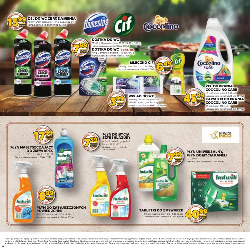 Gazetka promocyjna Stokrotka - Katalog Grill - ważna 09.05.2023 do 22.05.2024 - strona 38 - produkty: Cif, Coccolino, Domestos, Gra, Kapsułki do prania, Kostka do wc, Lazur, Ludwik, Mięso, Mleczko, Owoce, Płyn do mycia, Płyn do mycia paneli, Płyn nabłyszczający, Tablet, Warzywa