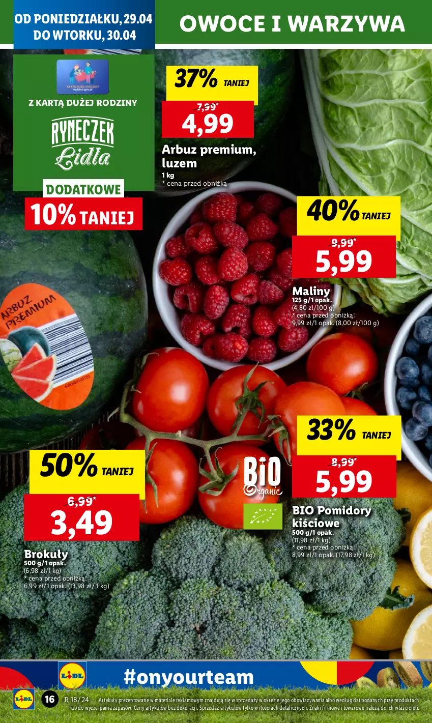 Gazetka promocyjna Lidl - GAZETKA - ważna 29.04 do 30.04.2024 - strona 18 - produkty: Arbuz, Brokuły, Chleb, Maliny, Owoce, Pomidory, Ser, Warzywa