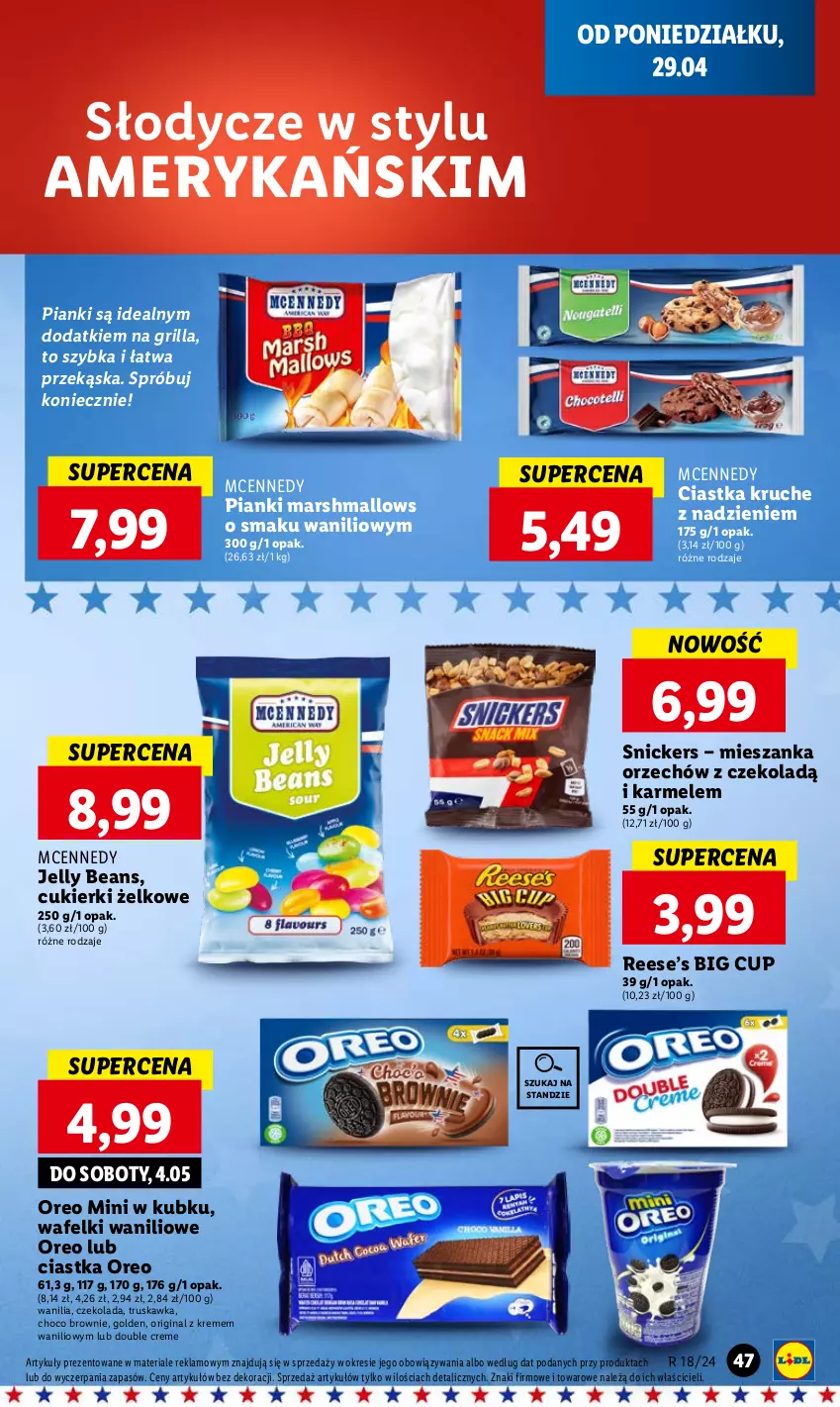 Gazetka promocyjna Lidl - GAZETKA - ważna 29.04 do 30.04.2024 - strona 51 - produkty: Brownie, Ciastka, Cukier, Cukierki, Czekolada, Gin, Grill, Jelly beans, Mars, Marshmallows, Oreo, Snickers