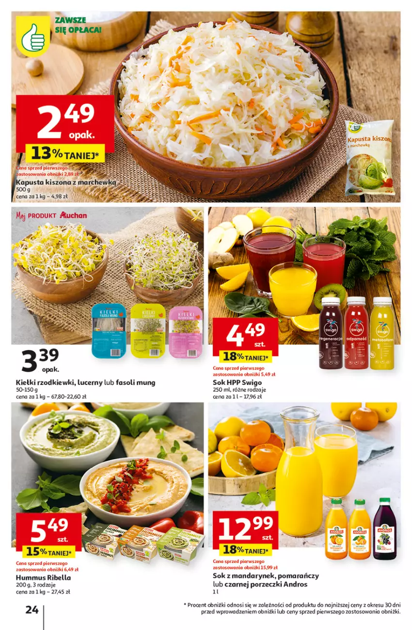 Gazetka promocyjna Auchan - Gazetka Aktywność na świeżym powietrzu! Hipermarket Auchan - ważna 11.04 do 17.04.2024 - strona 24 - produkty: Bell, Bella, Fa, Fasoli mung, HP, Hummus, Kiełki, Mus, Por, Sok