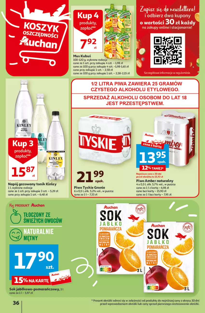 Gazetka promocyjna Auchan - Gazetka Aktywność na świeżym powietrzu! Hipermarket Auchan - ważna 11.04 do 17.04.2024 - strona 36 - produkty: Gra, Mus, Napój, Napój gazowany, Piwa, Piwo, Sok, Tonik, Tyskie