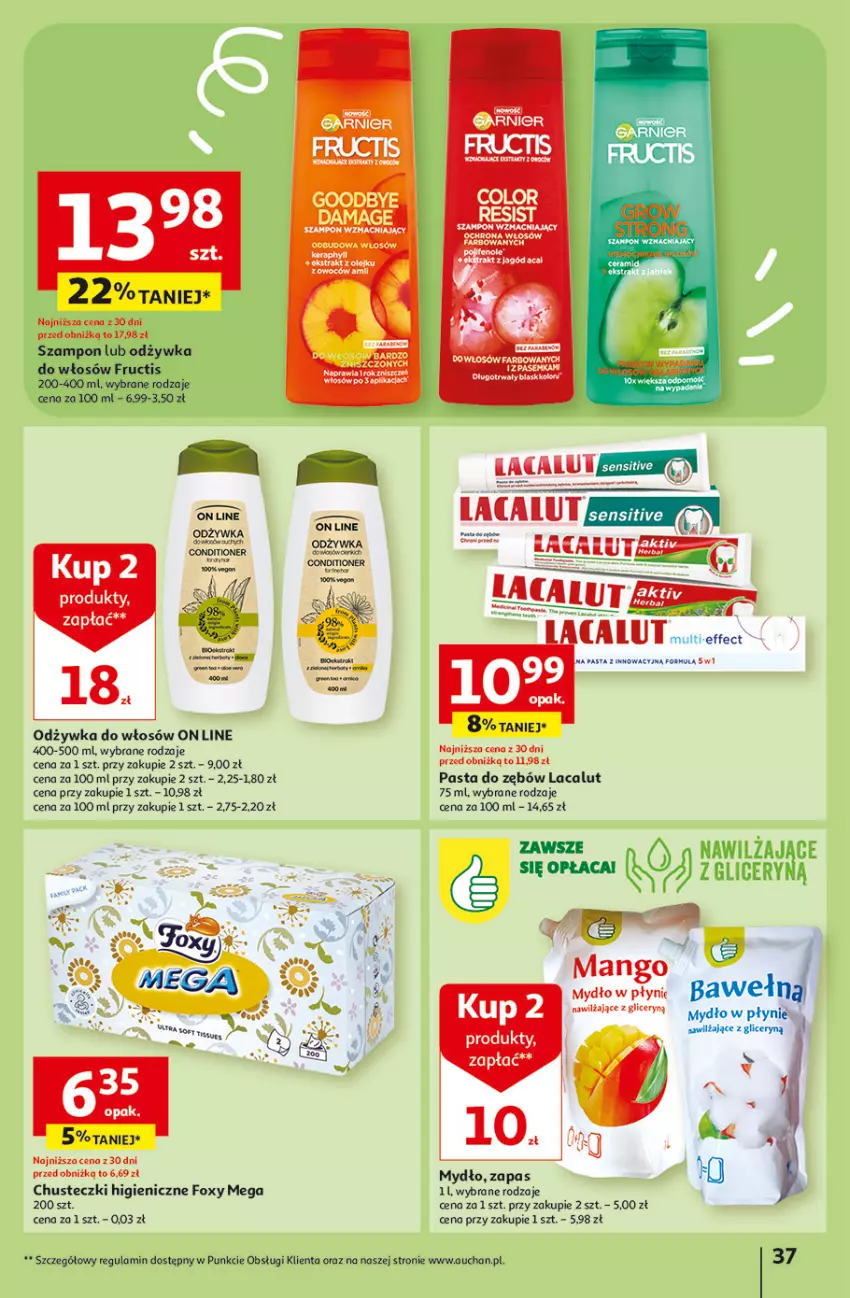 Gazetka promocyjna Auchan - Gazetka Aktywność na świeżym powietrzu! Hipermarket Auchan - ważna 11.04 do 17.04.2024 - strona 37 - produkty: Chusteczki, Fa, Foxy, Lacalut, Mango, Mydło, Mydło w płynie, Odżywka