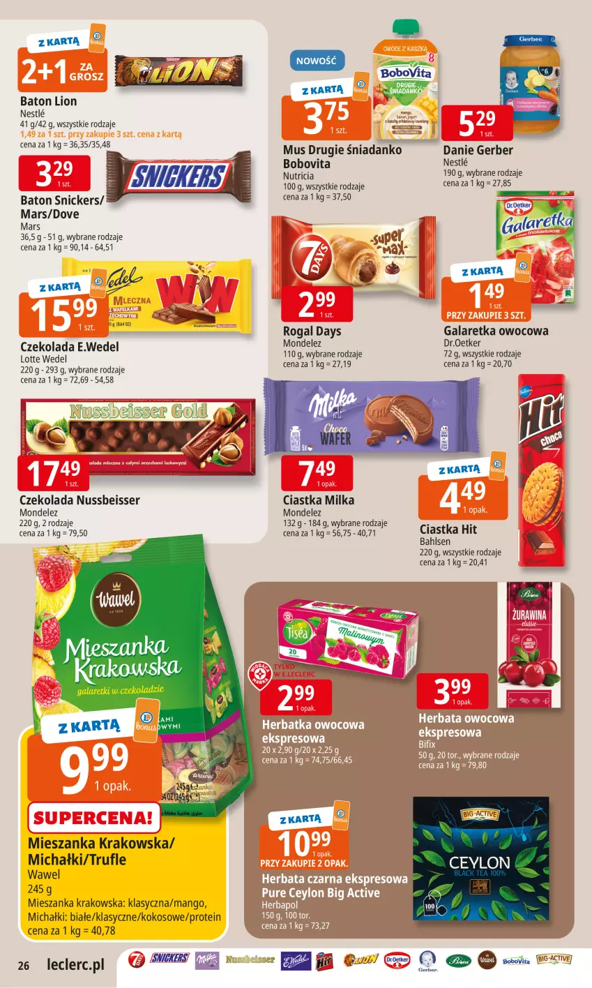 Gazetka promocyjna E Leclerc - ważna 02.09 do 13.09.2025 - strona 25 - produkty: Baton, BoboVita, Ciastka, Czekolada, Dove, Gala, Galaretka, Gerber, Kokos, Lion, Mango, Mars, Michałki, Milka, Mus, Rogal, Ser, Snickers, Wawel
