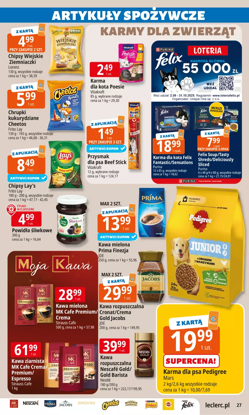 Gazetka promocyjna E Leclerc - ważna 02.09 do 13.09.2025 - strona 26 - produkty: Cheetos, Chipsy, Chrupki, Fa, Fanta, Felix, Jacobs, Kawa, Kawa mielona, Kawa rozpuszczalna, LG, Lorenz, Mars, Pedigree, Prima, Pur, Purina, Sati, Vitakraft