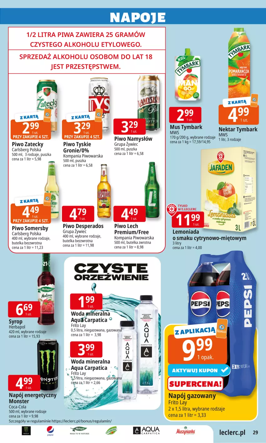 Gazetka promocyjna E Leclerc - ważna 02.09 do 13.09.2025 - strona 28 - produkty: Carlsberg, Coca-Cola, Desperados, Gra, Herbapol, Mus, Muszynianka, Napój, Nektar, Pepsi, Piwa, Piwo, Somersby, Tymbark, Tyskie, Woda, Woda mineralna