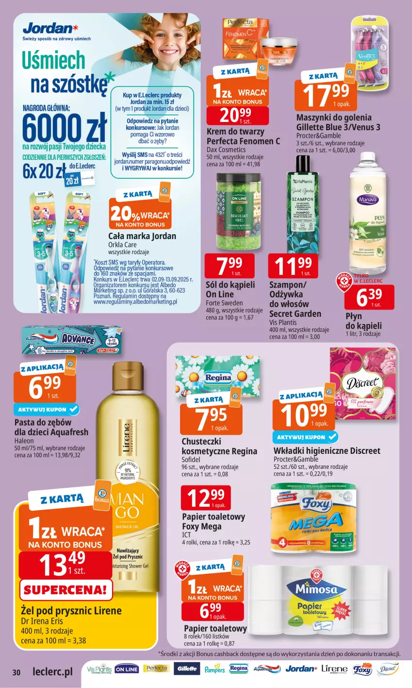 Gazetka promocyjna E Leclerc - ważna 02.09 do 13.09.2025 - strona 29 - produkty: Aquafresh, Chusteczki, DAX, Discreet, Dzieci, Foxy, Gillette, Gin, Gry, Lirene, Odżywka, Pampers, Papier, Papier toaletowy, Pasta do zębów, Perfecta, Rolki, Sól, Sól do kąpieli, Szampon, Tera, Tran, Venus, Wkładki