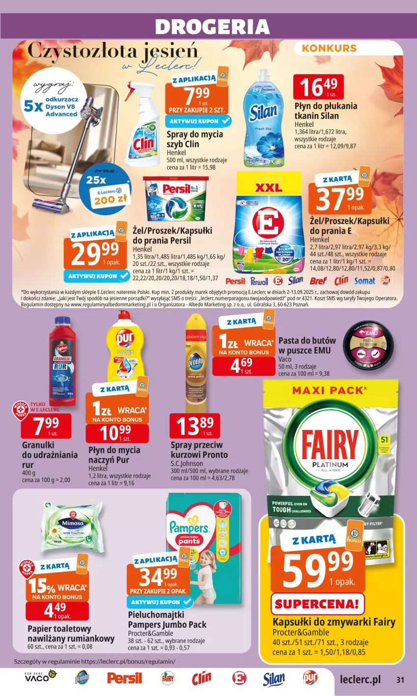 Gazetka promocyjna E Leclerc - ważna 02.09 do 13.09.2025 - strona 30 - produkty: Bref, Clin, Kapsułki do prania, Kosz, Majtki, Pampers, Persil, Pieluchomajtki, Płyn do płukania, Por, Pronto, Rum, Silan, Somat