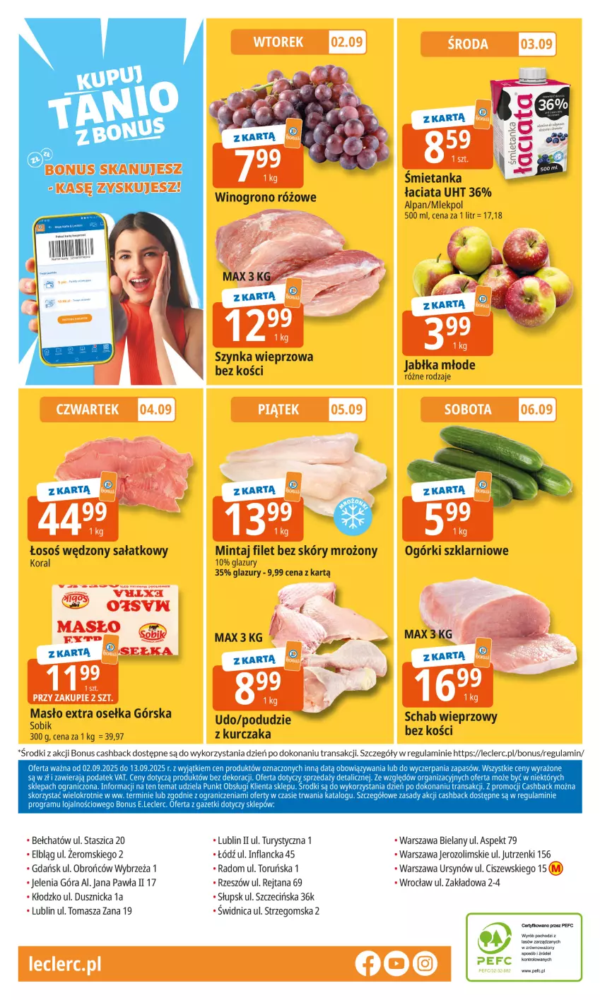 Gazetka promocyjna E Leclerc - ważna 02.09 do 13.09.2025 - strona 31 - produkty: Gra, Jabłka, Kurczak, Lazur, Masło, Mintaj, Podudzie z kurczaka, Sałat, Schab wieprzowy, Szynka, Szynka wieprzowa, Tran, Wino