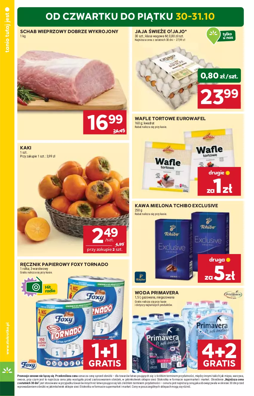 Gazetka promocyjna Stokrotka - Supermarket - ważna 30.10 do 05.11.2025 - strona 2 - produkty: Foxy, Gra, Jaja, Kaki, Kawa, Kawa mielona, Mięso, Owoce, Papier, Prima, Primavera, Ręcznik, Schab wieprzowy, Tchibo, Wafle, Wafle tortowe, Warzywa, Woda
