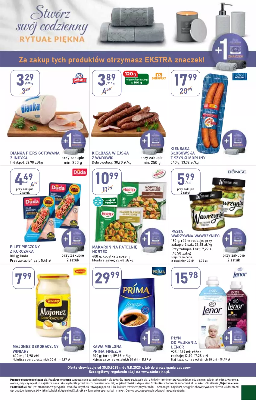 Gazetka promocyjna Stokrotka - Supermarket - ważna 30.10 do 05.11.2025 - strona 9 - produkty: Bianka, Duda, Hortex, Kawa, Kawa mielona, Kiełbasa, Kiełbasa głogowska, Kiełbasa wiejska, Kopytka, Kurczak, Lenor, Majonez, Makaron, Mięso, Morliny, Owoce, Pasta warzywna, Piec, Płyn do płukania, Prima, Sos, Torba, Warzywa, Winiary