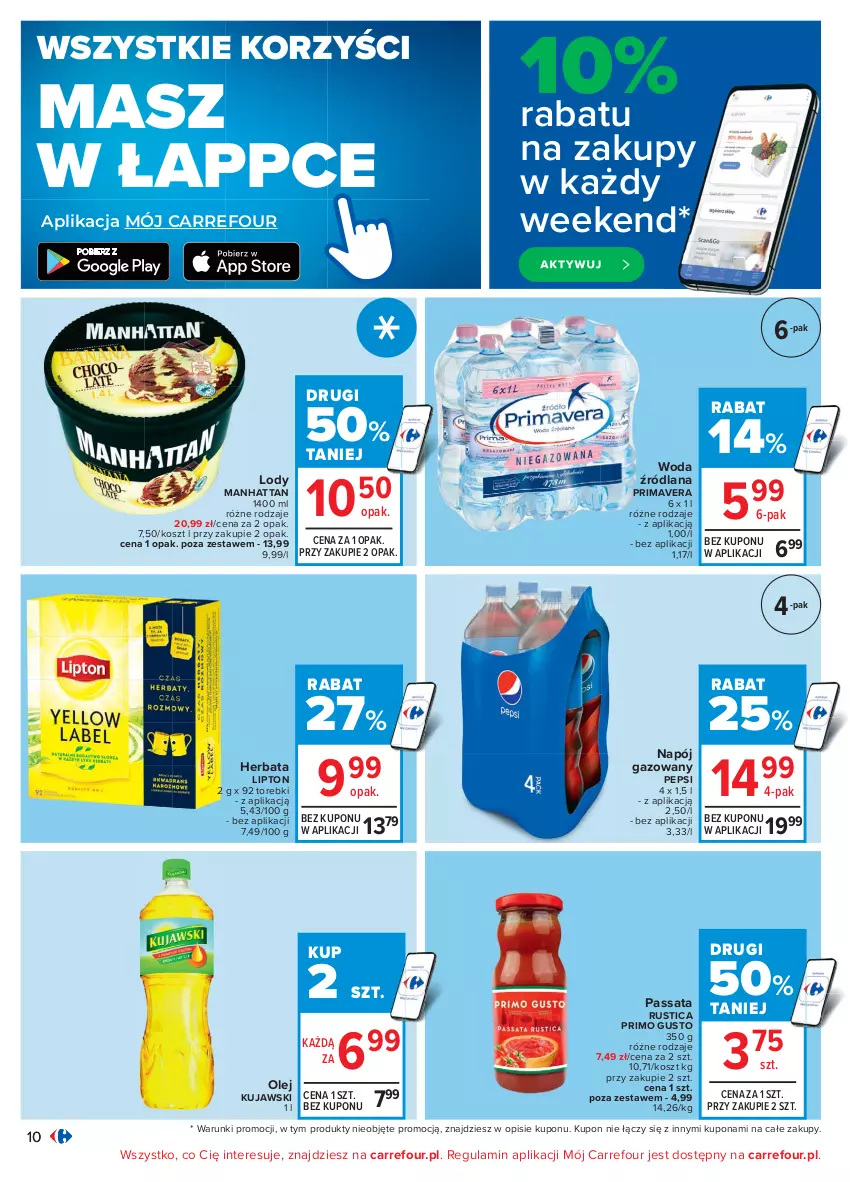 Gazetka promocyjna Carrefour - Gazetka Carrefour - ważna 12.07 do 24.07.2021 - strona 10 - produkty: Herbata, Kosz, Kujawski, LANA, Lipton, Lody, Napój, Napój gazowany, Olej, Pepsi, Prima, Primavera, Rust, Woda