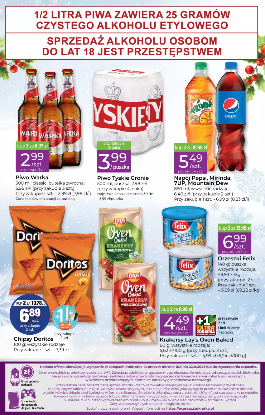 Gazetka promocyjna Stokrotka - Stokrotka Express - ważna 16.11 do 22.11.2023 - strona 3 - produkty: Chipsy, Mięso, Napój, Owoce, Pepsi, Piwo, Telefon, Tyskie, Warka, Warzywa