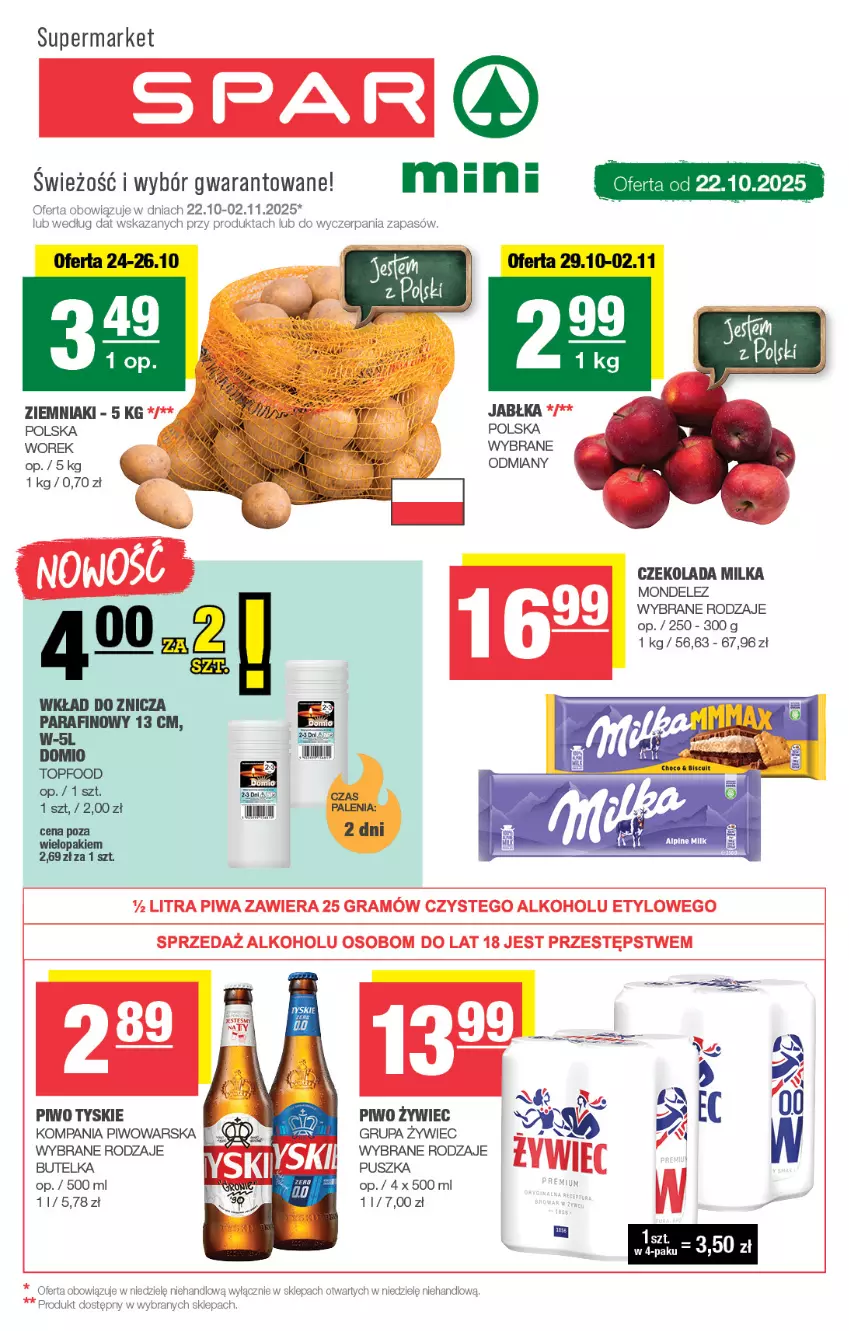 Gazetka promocyjna Spar - Spar-Mini - ważna 19.10 do 29.10.2025 - strona 1 - produkty: Czekolada, Milka, Piwo, Top, Tyskie, Ziemniaki, Znicz
