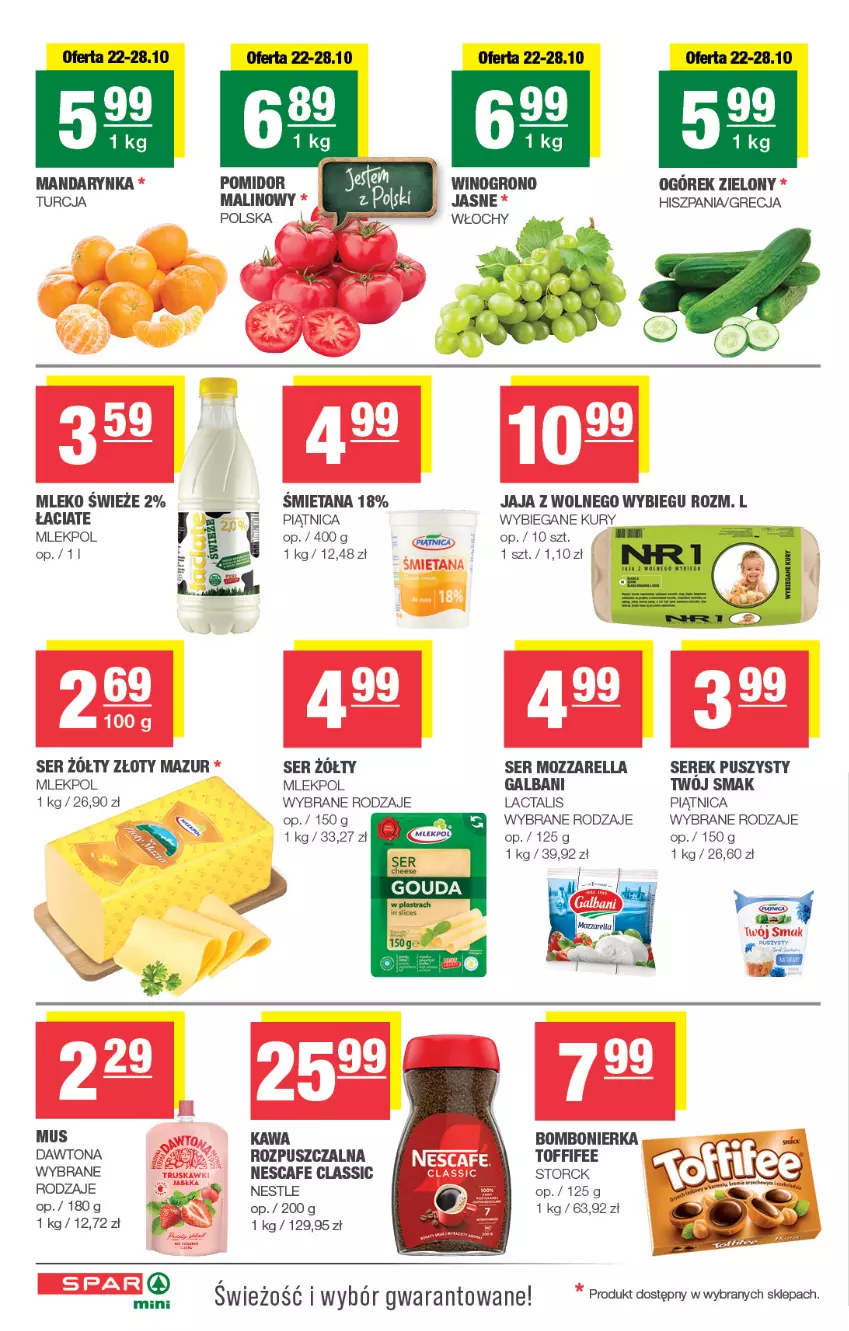 Gazetka promocyjna Spar - Spar-Mini - ważna 19.10 do 29.10.2025 - strona 2 - produkty: Dawtona, Galbani, Jaja, Jaja z wolnego wybiegu, Kawa, Mleko, Mozzarella, Mus, Ogórek, Piątnica, Ser, Serek, Serek puszysty, Toffifee, Twój Smak, Wino, Złoty Mazur