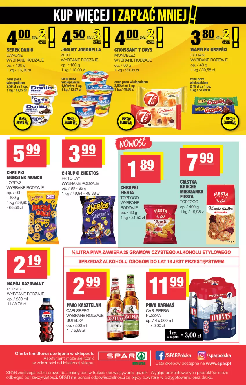 Gazetka promocyjna Spar - Spar-Mini - ważna 19.10 do 29.10.2025 - strona 4 - produkty: 7 Days, Bell, Bella, Carlsberg, Cheetos, Chrupki, Ciastka, Croissant, Danio, Danone, Grześki, Harnaś, Jogobella, Jogurt, Kasztelan, Lorenz, Monster Munch, Pepsi, Piwo, Ser, Serek, Top, Wafelek, Zott