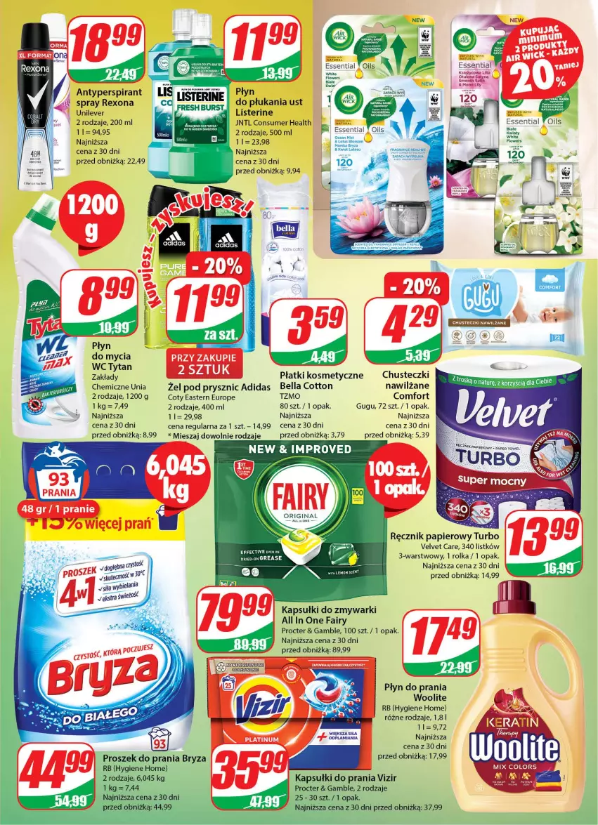 Gazetka promocyjna Dino - Gazetka 35 - ważna 29.08 do 06.09.2023 - strona 23 - produkty: Adidas, Antyperspirant, Bell, Bella, Bryza, Chusteczki, Fa, Fairy, Gra, Kapsułki do prania, Listerine, Papier, Płatki kosmetyczne, Płyn do mycia, Płyn do prania, Proszek do prania, Ręcznik, Rexona, Tytan, Velvet, Vizir, Woolite, Zmywarki