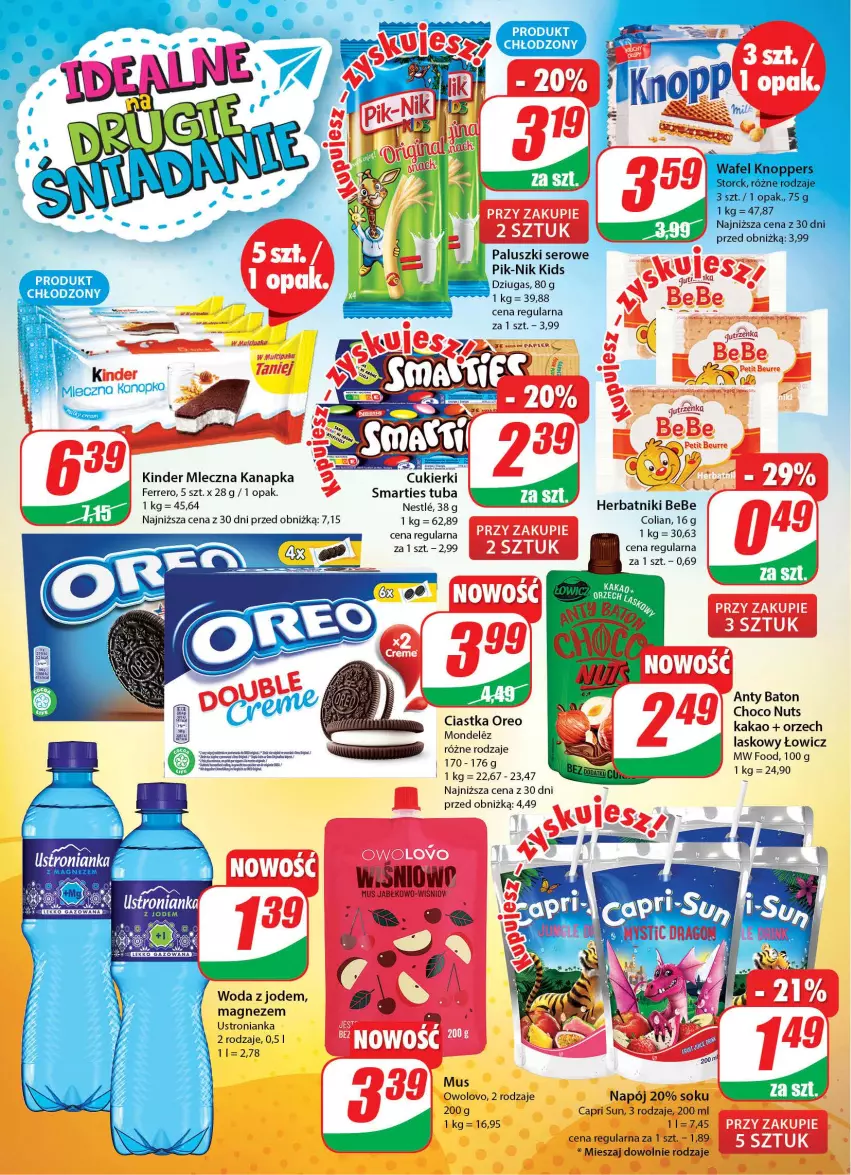 Gazetka promocyjna Dino - Gazetka 35 - ważna 29.08 do 06.09.2023 - strona 4 - produkty: Baton, Ciastka, Ferrero, Herbatniki, Kakao, Kinder, Knoppers, Magnez, Mleczna kanapka, Mus, Napój, Oreo, Ser, Sok, Woda