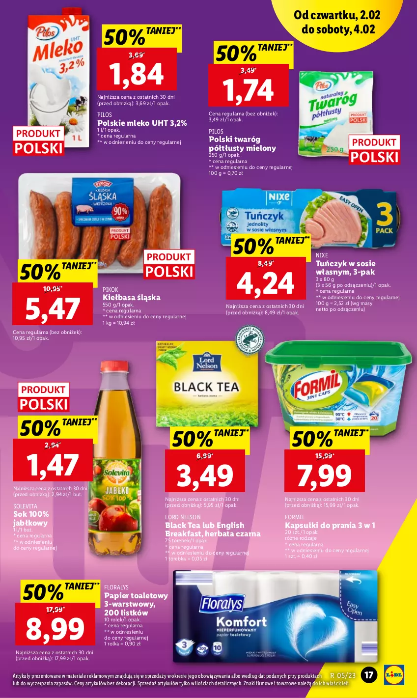 Gazetka promocyjna Lidl - GAZETKA - ważna 02.02 do 04.02.2023 - strona 17 - produkty: Fa, Flora, Herbata, Herbata czarna, Kapsułki do prania, Kiełbasa, Kiełbasa śląska, Lack, Mleko, Papier, Papier toaletowy, PIKOK, Pilos, Sok, Sos, Torebka, Tuńczyk, Twaróg, Twaróg półtłusty