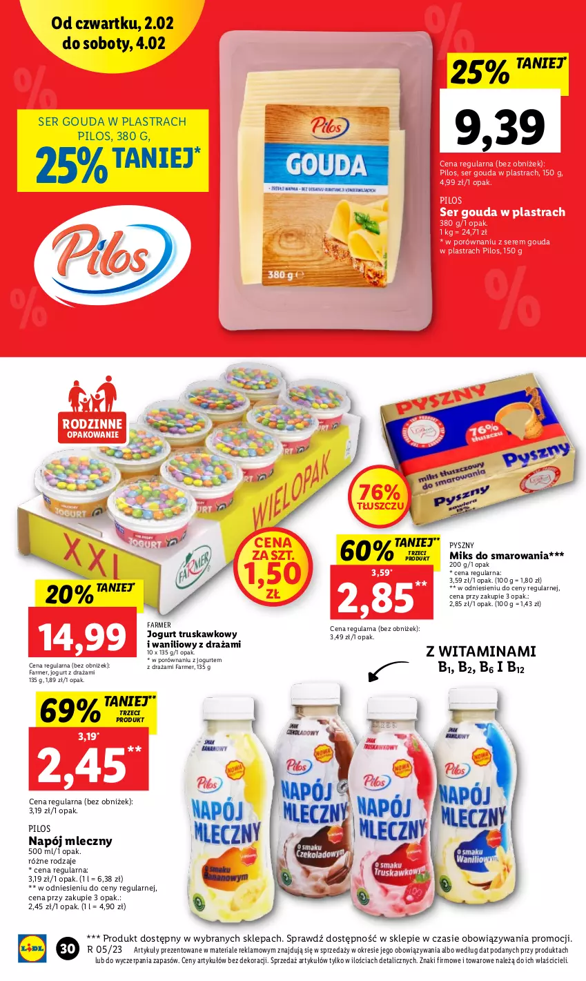 Gazetka promocyjna Lidl - GAZETKA - ważna 02.02 do 04.02.2023 - strona 30 - produkty: Fa, Gouda, Jogurt, Napój, Napój mleczny, Pilos, Por, Ser