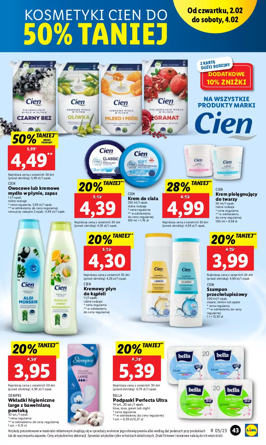 Gazetka promocyjna Lidl - GAZETKA - ważna 02.02 do 04.02.2023 - strona 47 - produkty: Bell, Bella, Krem do ciała, Mydło, Mydło w płynie, Perfecta, Płyn do kąpieli, Podpaski, Szampon, Wkładki