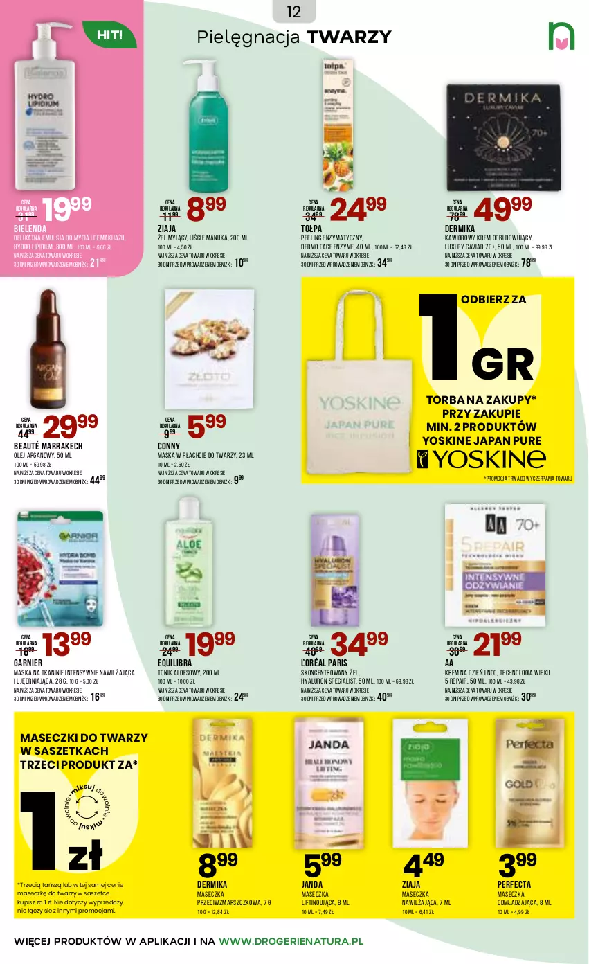 Gazetka promocyjna Drogerie Natura - Gazetka Drogerie Natura - ważna 06.05 do 17.05.2026 - strona 12 - produkty: Bielenda, Dermika, Emulsja, Emulsja do mycia, Fa, Garnier, Kawior, Krem na dzień, Makijaż, Mars, Maska, Maska w płachcie, Olej, Olej arganowy, Peeling, Perfecta, Pur, Tołpa, Tonik, Torba, Torba na zakupy, Yoskine, Ziaja
