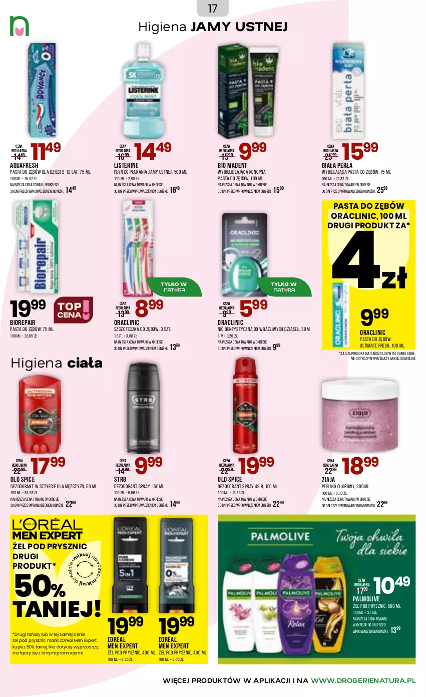 Gazetka promocyjna Drogerie Natura - Gazetka Drogerie Natura - ważna 06.05 do 17.05.2026 - strona 17 - produkty: Aquafresh, Biorepair, Clin, Dezodorant, Dzieci, Higiena jamy ustnej, Listerine, Nić dentystyczna, Old Spice, Palmolive, Pasta do zębów, Peeling, Perła, Płyn do płukania, Płyn do płukania jamy ustnej, Str8, Szczoteczka, Szczoteczka do zębów, Ziaja