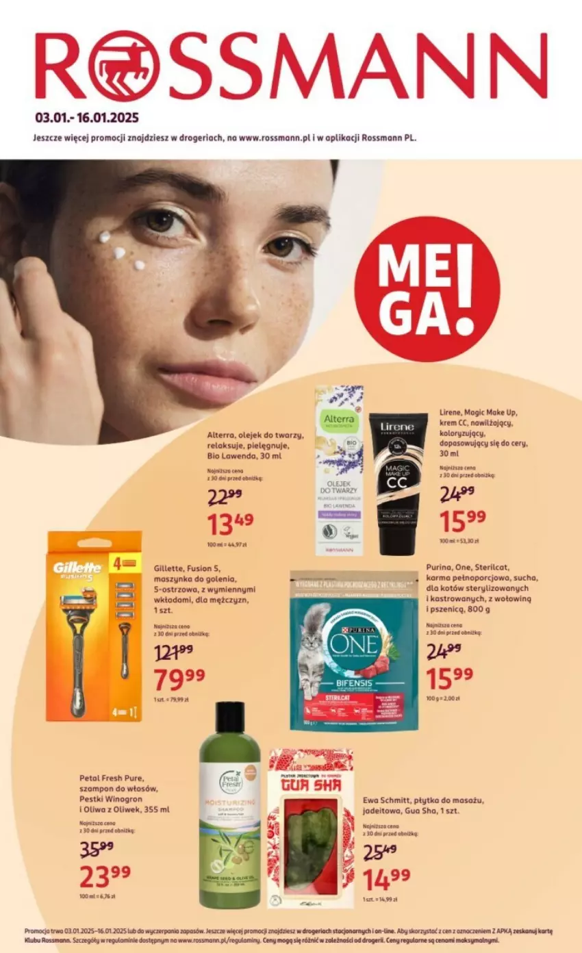 Gazetka promocyjna Rossmann - ważna 03.01 do 16.01.2025 - strona 1 - produkty: Alterra, Ewa Schmitt, Fusion, Gillette, Lirene, Maszynka, Maszynka do golenia, Olej, Oliwa, Oliwa z oliwek, Płytka, Por, Pur, Purina, Szampon, Szynka, Wino