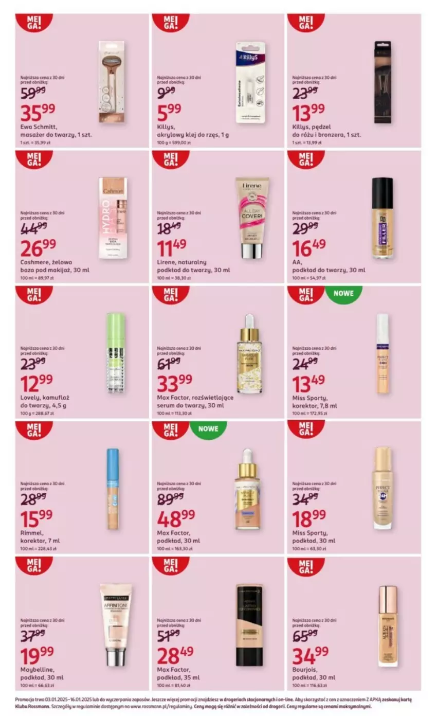 Gazetka promocyjna Rossmann - ważna 03.01 do 16.01.2025 - strona 10 - produkty: Bell, Bourjois, Bronzer, Ewa Schmitt, Fa, Killys, Klej, Lirene, Lovely, Makijaż, Masażer, Max Factor, Maybelline, Miss Sporty, Pędzel do różu, Podkład, Podkład do twarzy, Por, Rum, Ser, Serum, Serum do twarzy, Sport