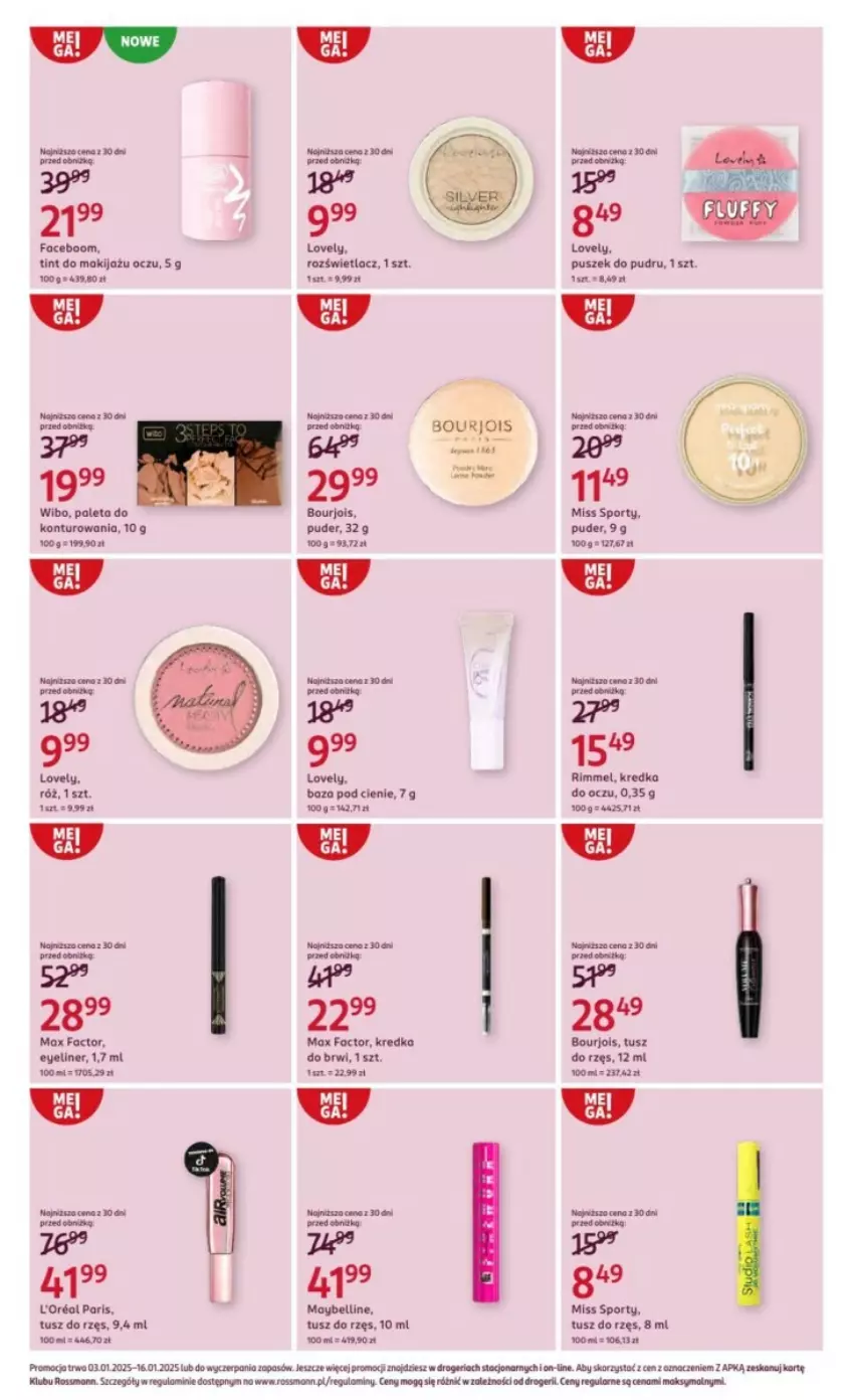 Gazetka promocyjna Rossmann - ważna 03.01 do 16.01.2025 - strona 11 - produkty: Bell, Bourjois, Fa, Kredka, Kredka do brwi, Lovely, Makijaż, Max Factor, Maybelline, Miss Sporty, Paleta, Por, Puder, Rozświetlacz, Sport, Tusz, Wibo