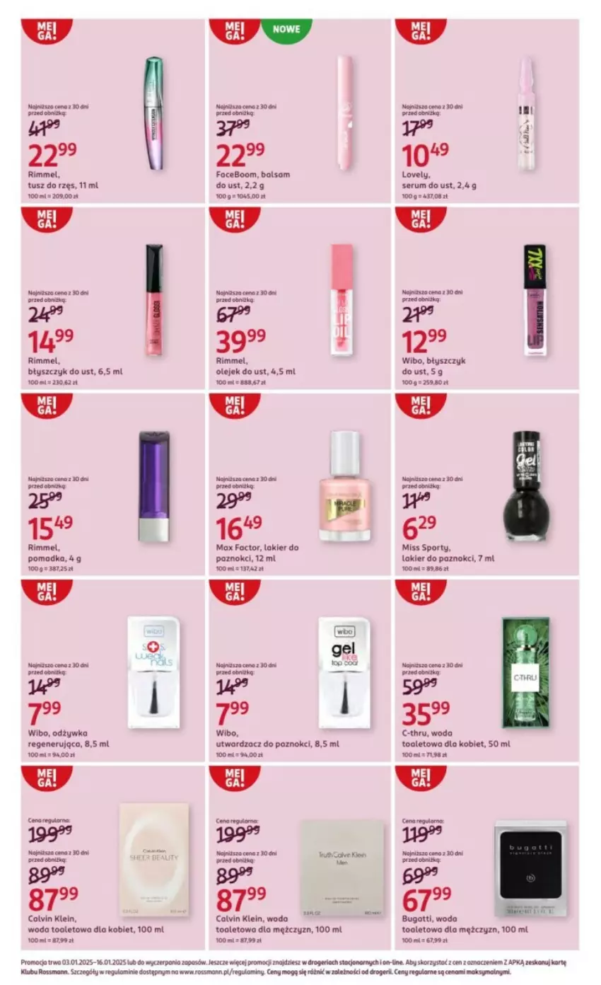 Gazetka promocyjna Rossmann - ważna 03.01 do 16.01.2025 - strona 12 - produkty: Balsam do ust, Błyszczyk do ust, C-Thru, Calvin Klein, Fa, Lakier, Lakier do paznokci, Lovely, Miss Sporty, Odżywka, Olej, Por, Rum, Ser, Serum, Sport, Tusz, Wibo, Woda, Woda toaletowa