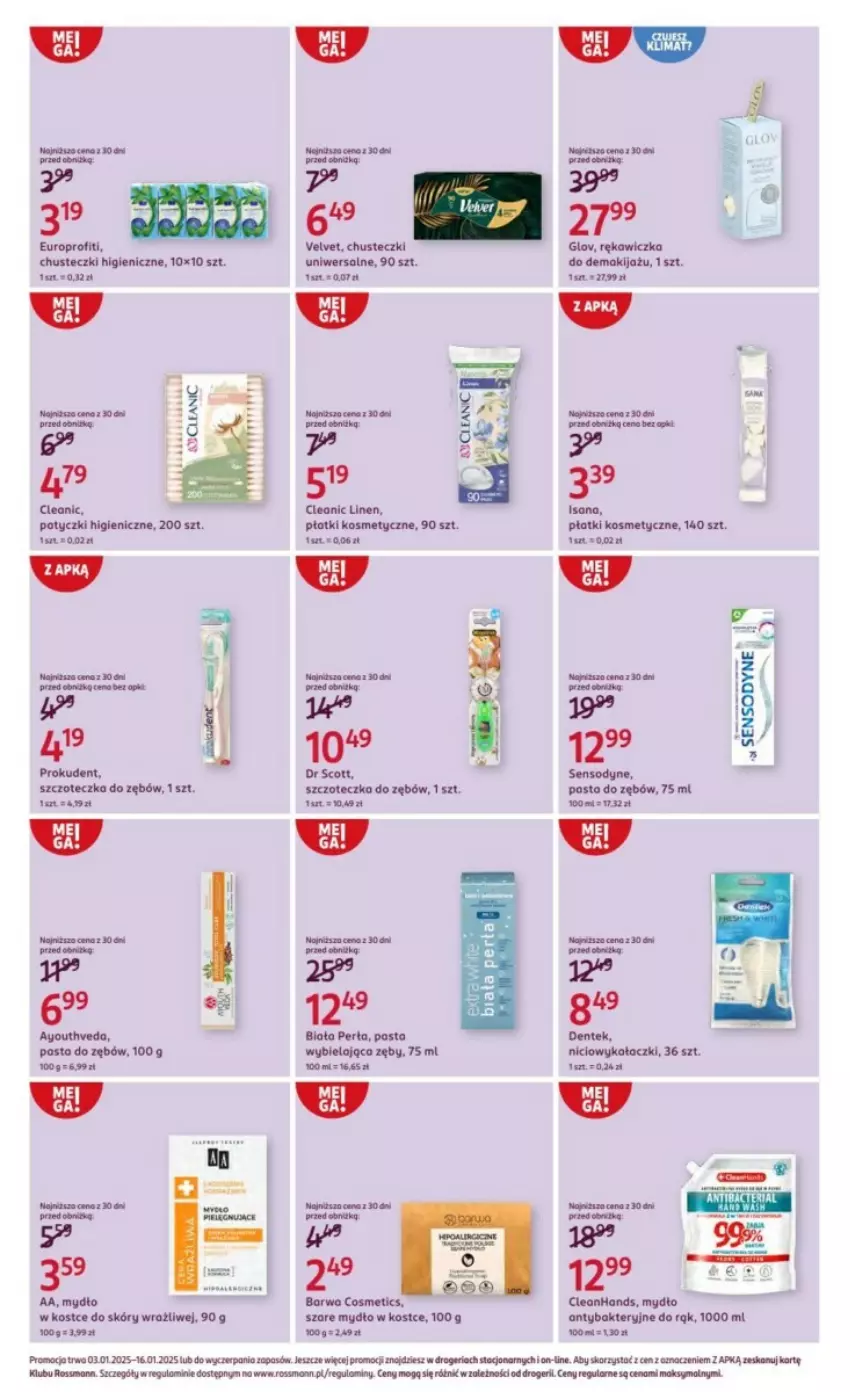 Gazetka promocyjna Rossmann - ważna 03.01 do 16.01.2025 - strona 13 - produkty: Chusteczki, Cleanic, Makijaż, Mydło, Pasta do zębów, Płatki kosmetyczne, Prokudent, Sensodyne, Szczoteczka, Szczoteczka do zębów, Velvet