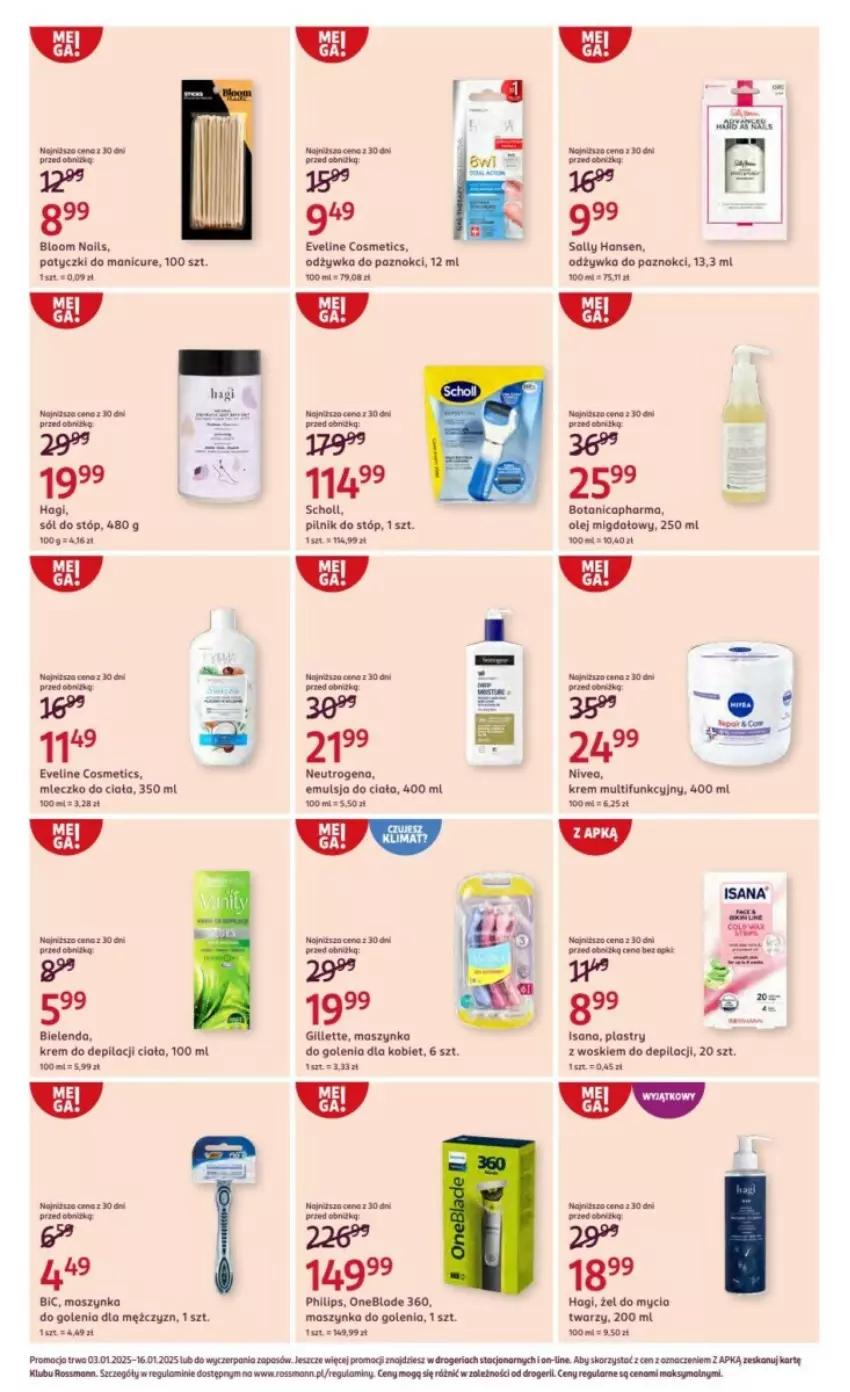 Gazetka promocyjna Rossmann - ważna 03.01 do 16.01.2025 - strona 16 - produkty: BIC, Bielenda, Emulsja, Eveline, Gillette, Isana, Krem do depilacji, Maszynka, Maszynka do golenia, Mleczko, Mleczko do ciała, Neutrogena, Odżywka, Olej, Philips, Pilnik, Sally Hansen, Scholl, Sól, Szynka