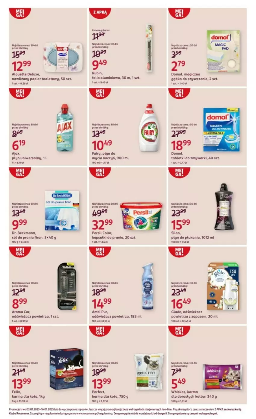 Gazetka promocyjna Rossmann - ważna 03.01 do 16.01.2025 - strona 3 - produkty: Ajax, Alouette, Ambi Pur, Do mycia naczyń, Domol, Fa, Fairy, Felix, Folia aluminiowa, Kapsułki do prania, Nawilżany papier, Odświeżacz powietrza, Papier, Papier toaletowy, Persil, Płyn do mycia, Płyn do mycia naczyń, Płyn do płukania, Pur, Rubin, Silan, Sól, Tablet, Tabletki do zmywarki, Zmywarki