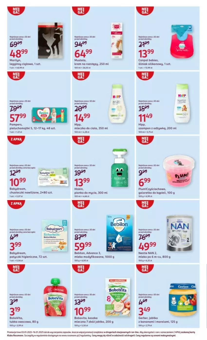 Gazetka promocyjna Rossmann - ważna 03.01 do 16.01.2025 - strona 4 - produkty: Babydream, BEBILON, BoboVita, Canpol, Chusteczki, Gala, Galaretka, Gerber, Gin, HiPP, Jabłka, Legginsy, Majtki, Marilyn, Mleczko, Mleczko do ciała, Mleko, Mleko modyfikowane, Morela, Mus, Mustela, Pampers, Pieluchomajtki, Szampon